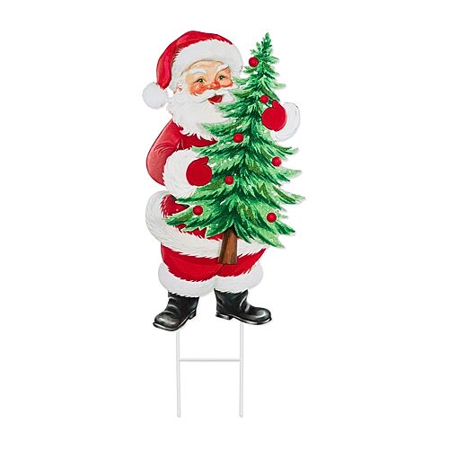 Glitzhome 36"H Christmas Metal Santa with Tree Yard Stake - Pattern/Print