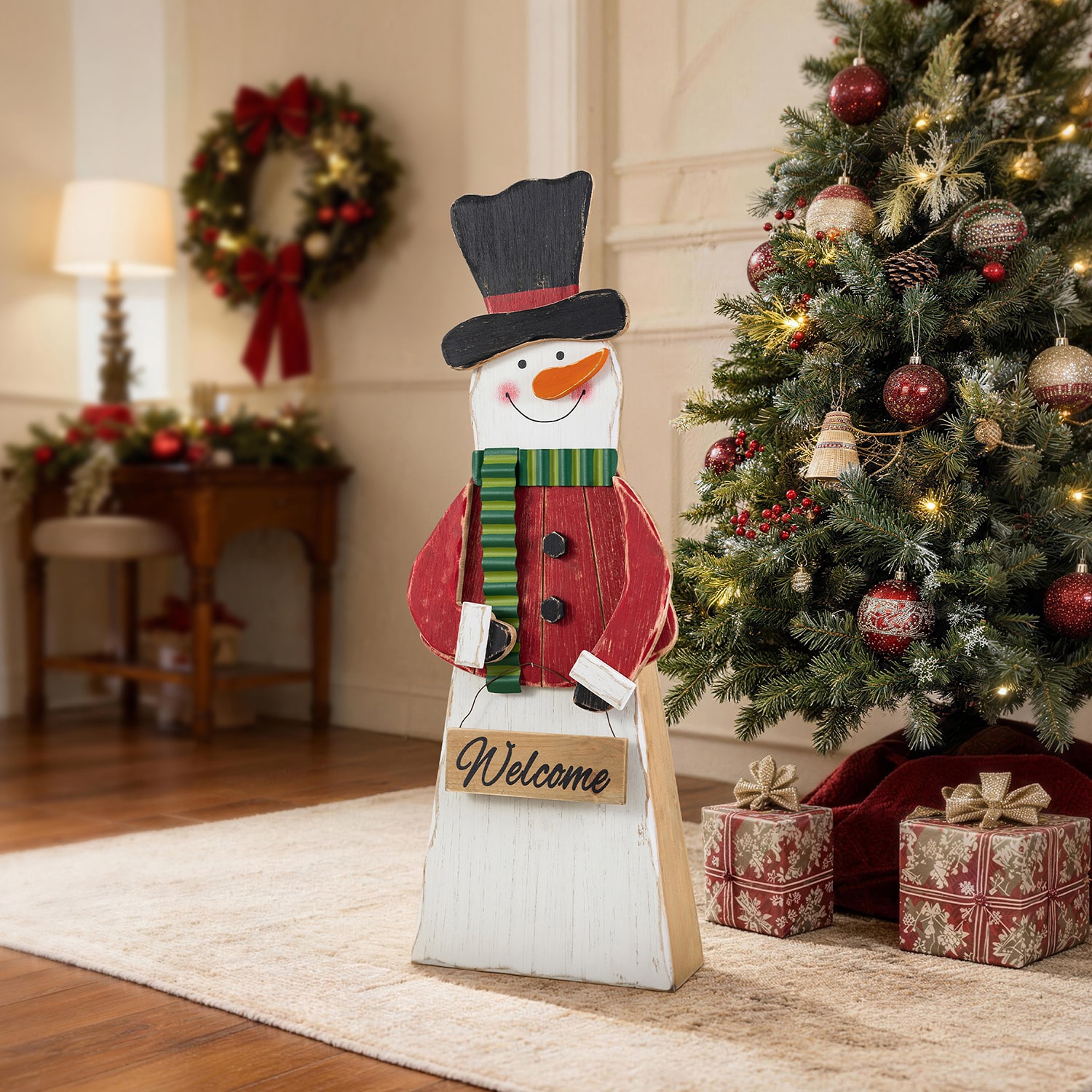 Glitzhome 30" Chunky Wood Snowman Christmas Porch Sign
