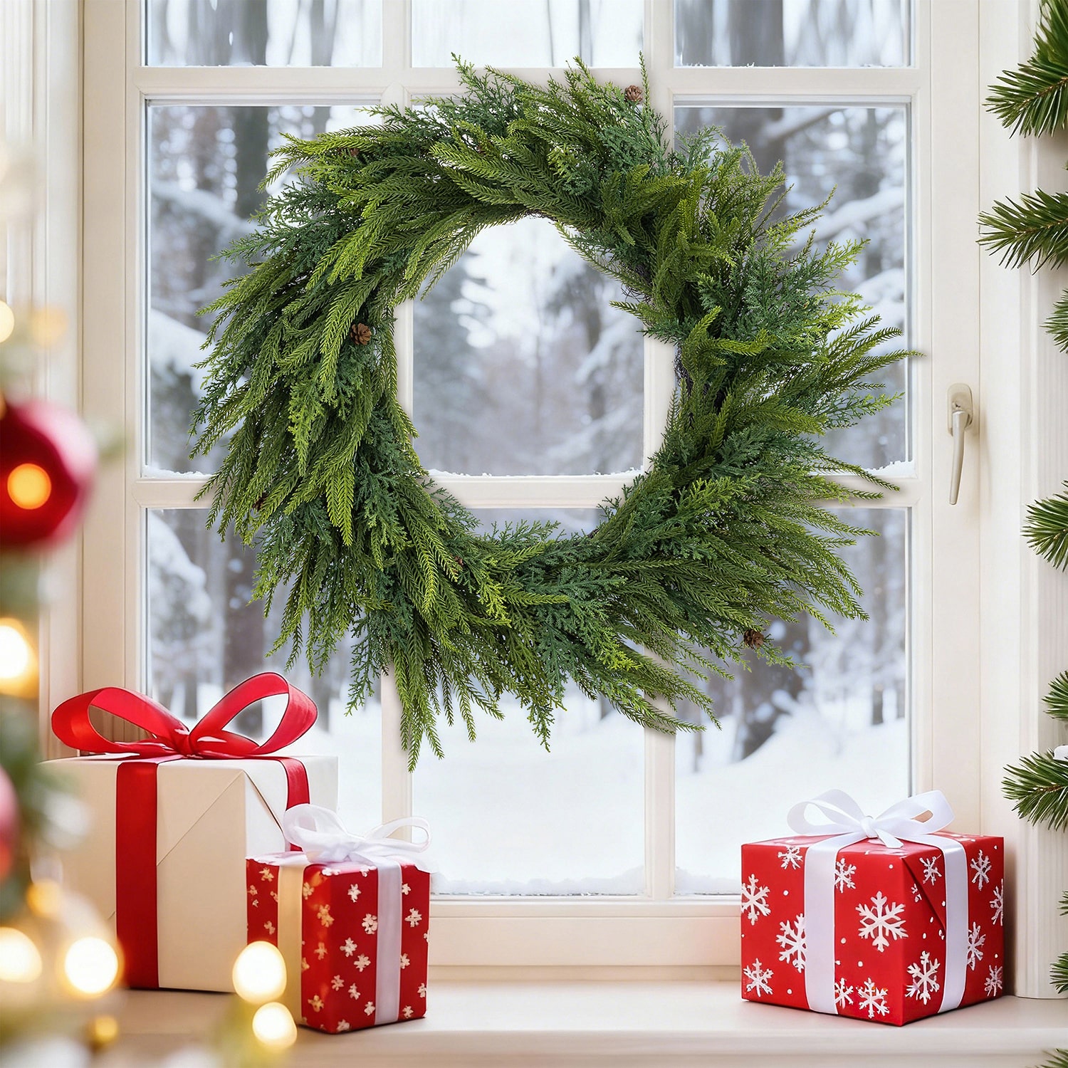 Glitzhome 25" Greenery Mixed Pe Dripping Wreath