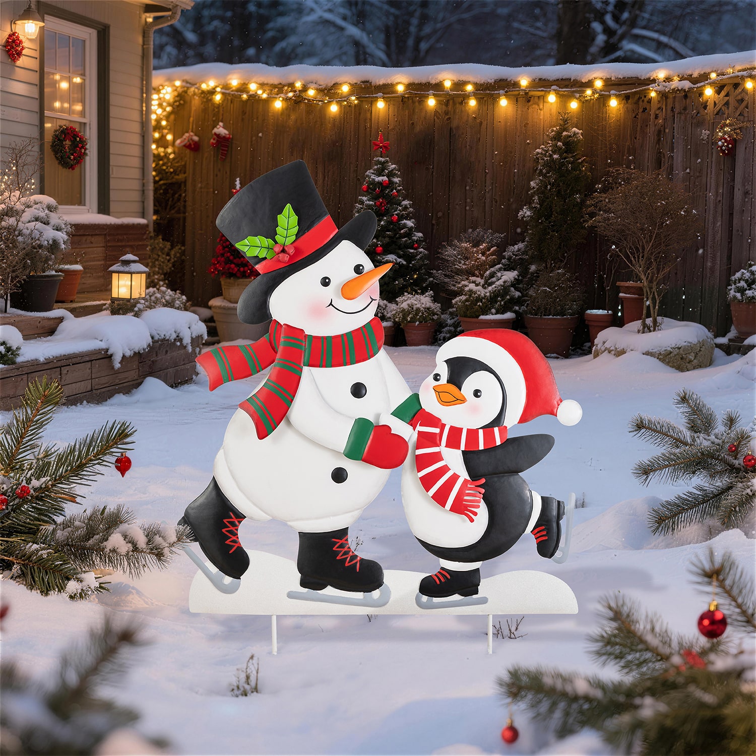 Glitzhome 32" Metalsnowman And Penguine Christmas Yard Art