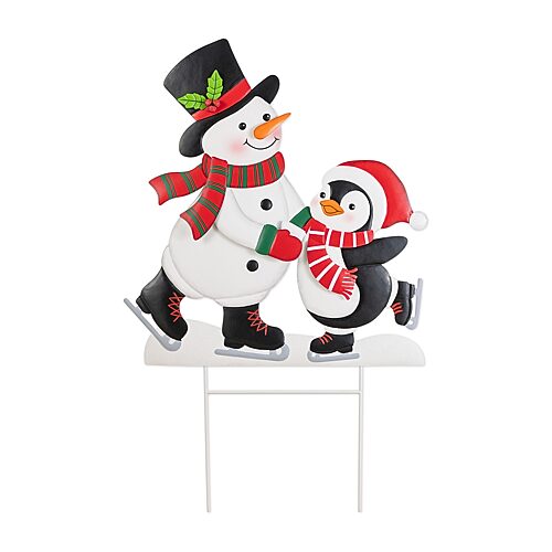 Glitzhome 32"H Christmas Metal Skiing Snowman and Penguin Yard Stake - Pattern/Print