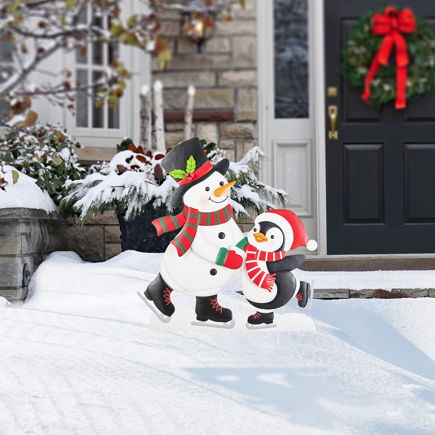 Glitzhome 32" Metalsnowman And Penguine Christmas Yard Art