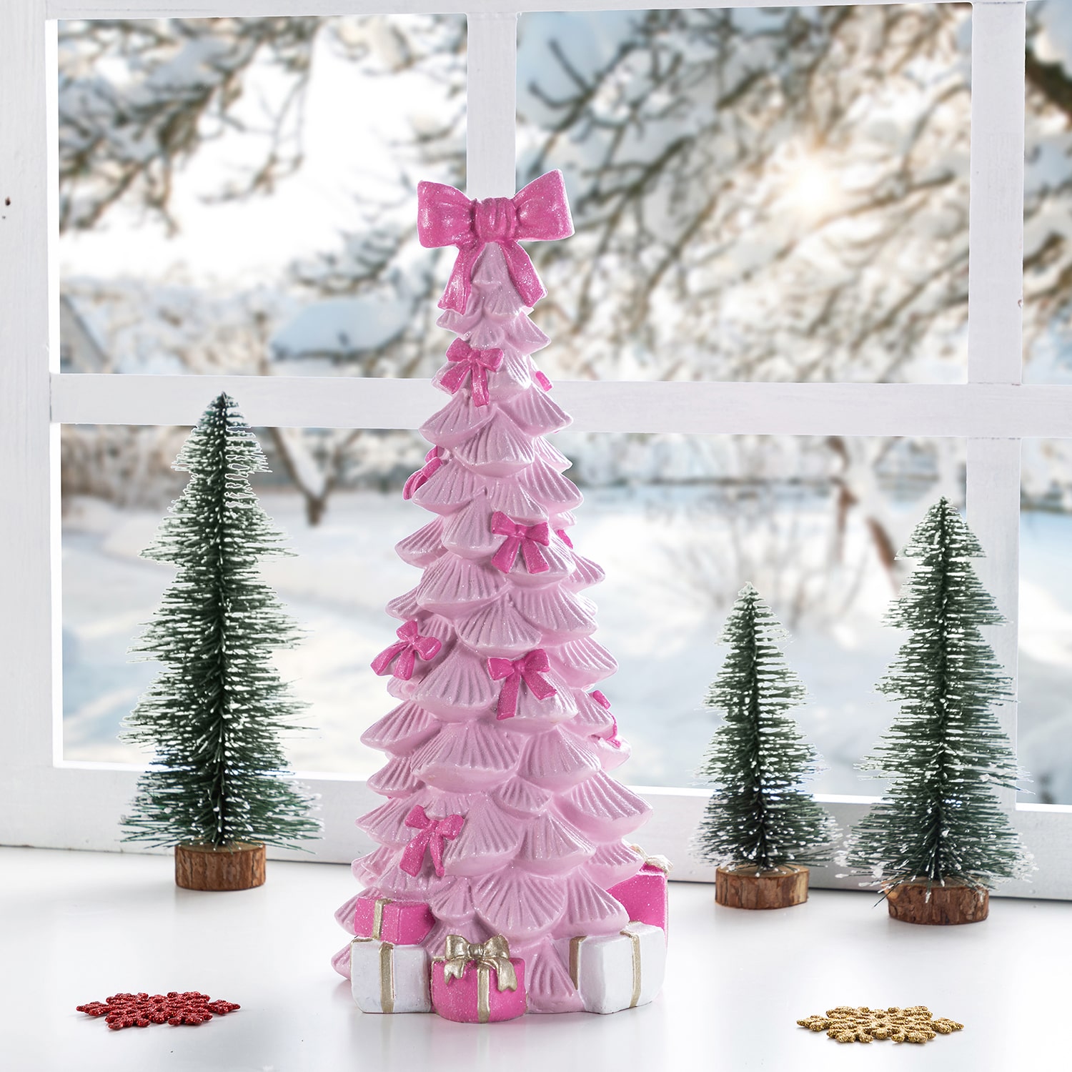 Glitzhome 15" Pink Tree With Bow Christmas Tabletop Decor