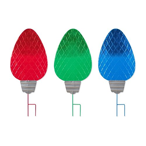 Glitzhome 23.5"H S/3 Christmas Metal Red/Green/Blue Bulbs Yard Stake - Pattern/Print