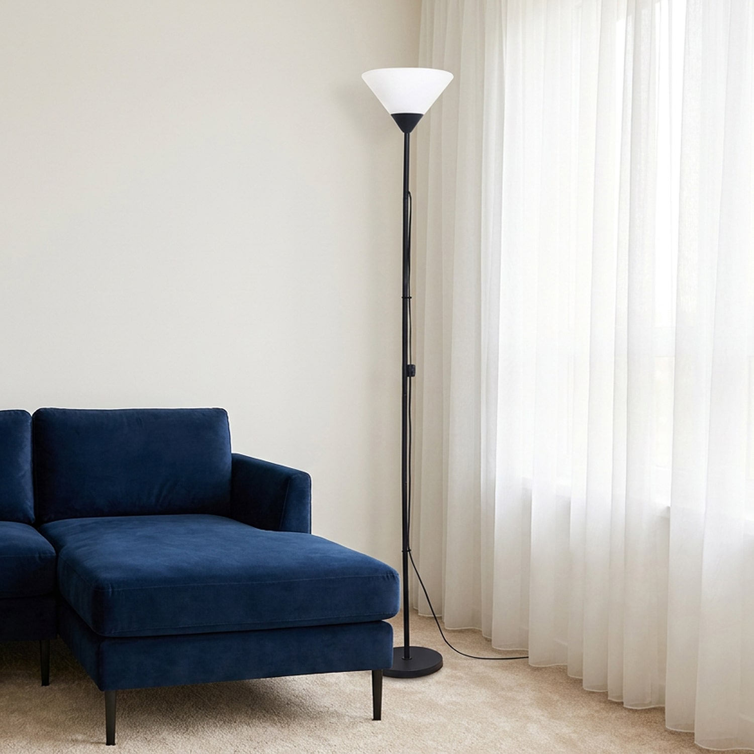 JAC Styles Klara 70" Torchiere In Onyx Black With White Shade Floor Lamp