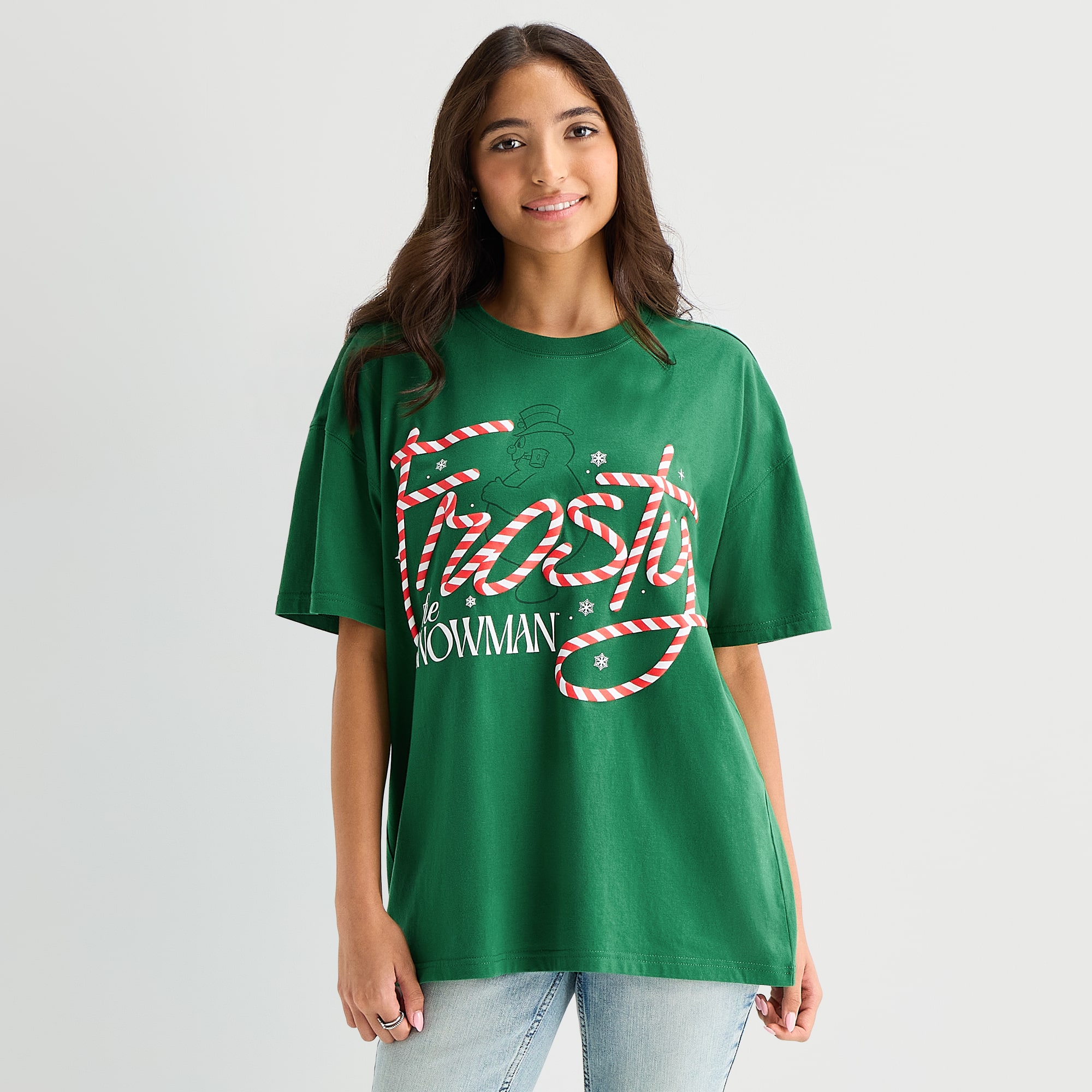 Frosty Oversized Tee Womens Juniors Crew Neck Short Sleeve Regular Fit the Snowman Graphic T-Shirt