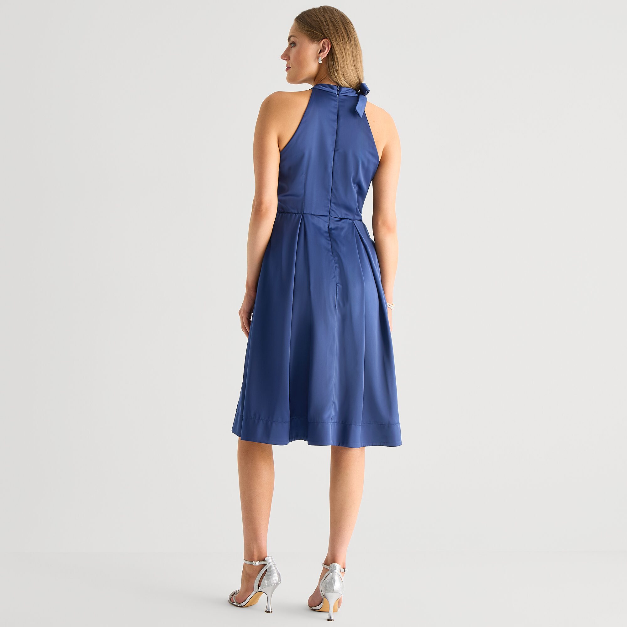 Melonie T Womens Midi Halter Neck Sleeveless Satin Fit + Flare Dress