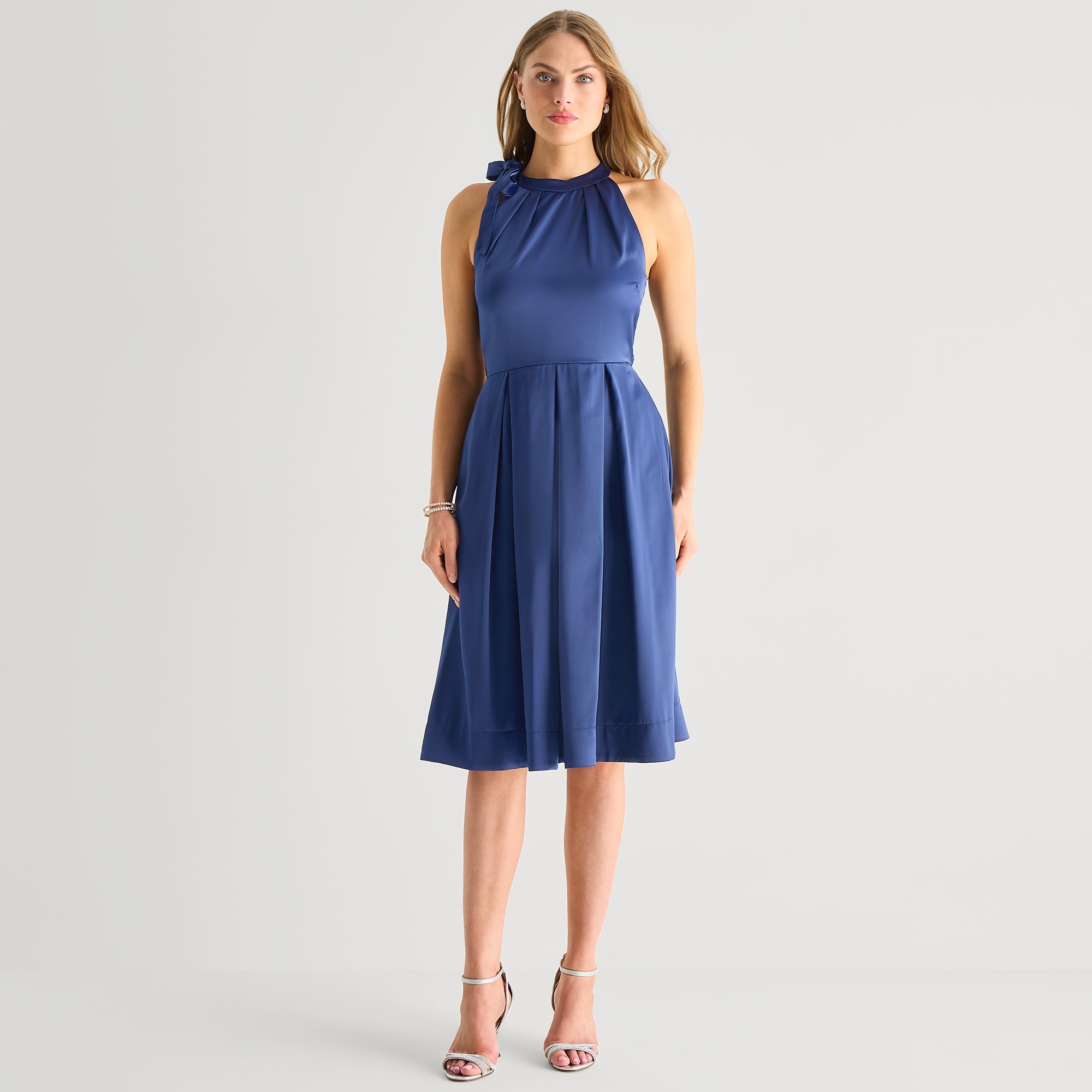 Melonie T Womens Midi Halter Neck Sleeveless Satin Fit + Flare Dress