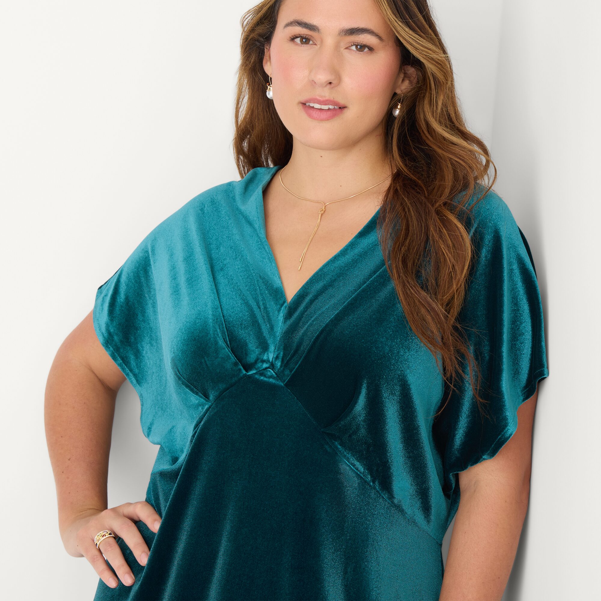 Be by CHETTA B Womens Plus Midi V Neck Short Sleeve Drop Shoulder Velvet Fit + Flare Dress