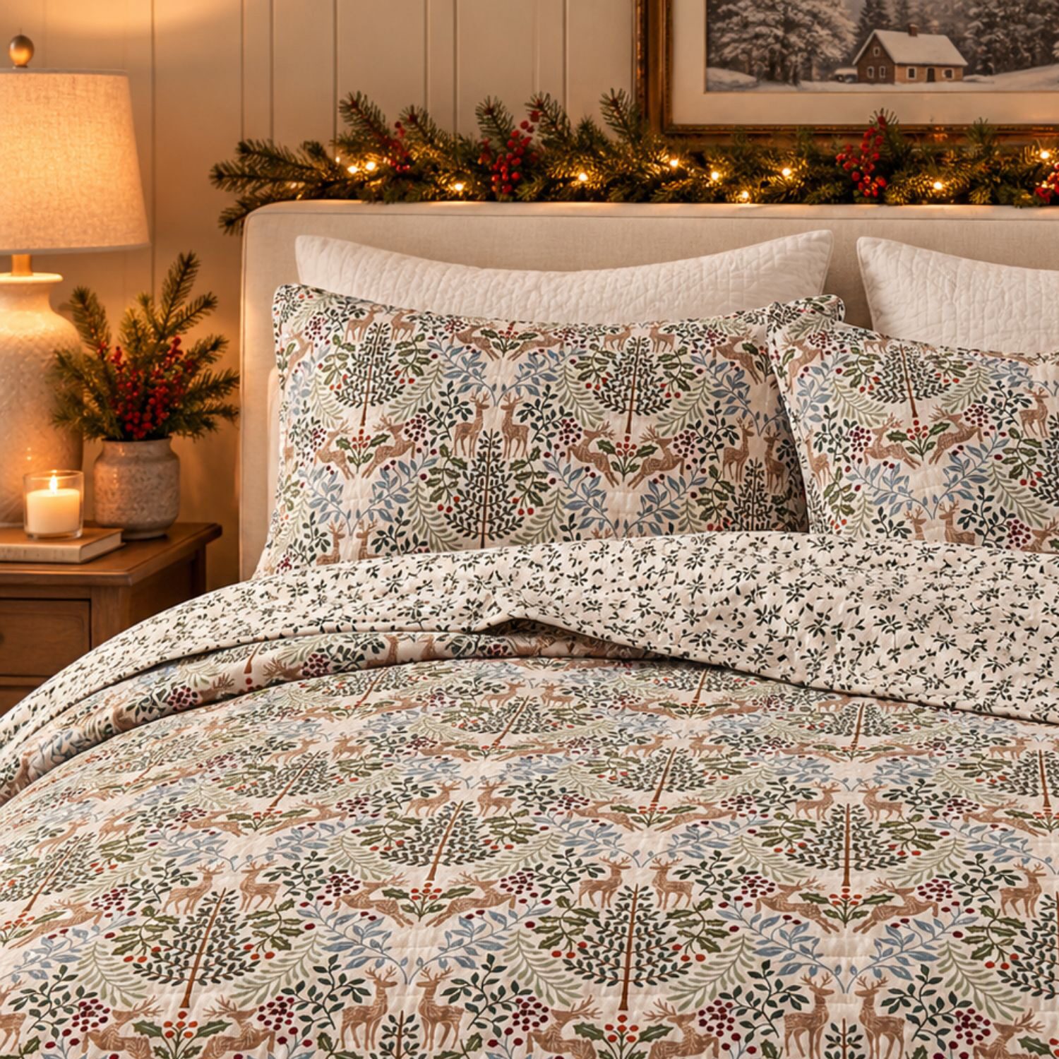 Linery Woodland Deer Holiday Reversible Quilt Set
