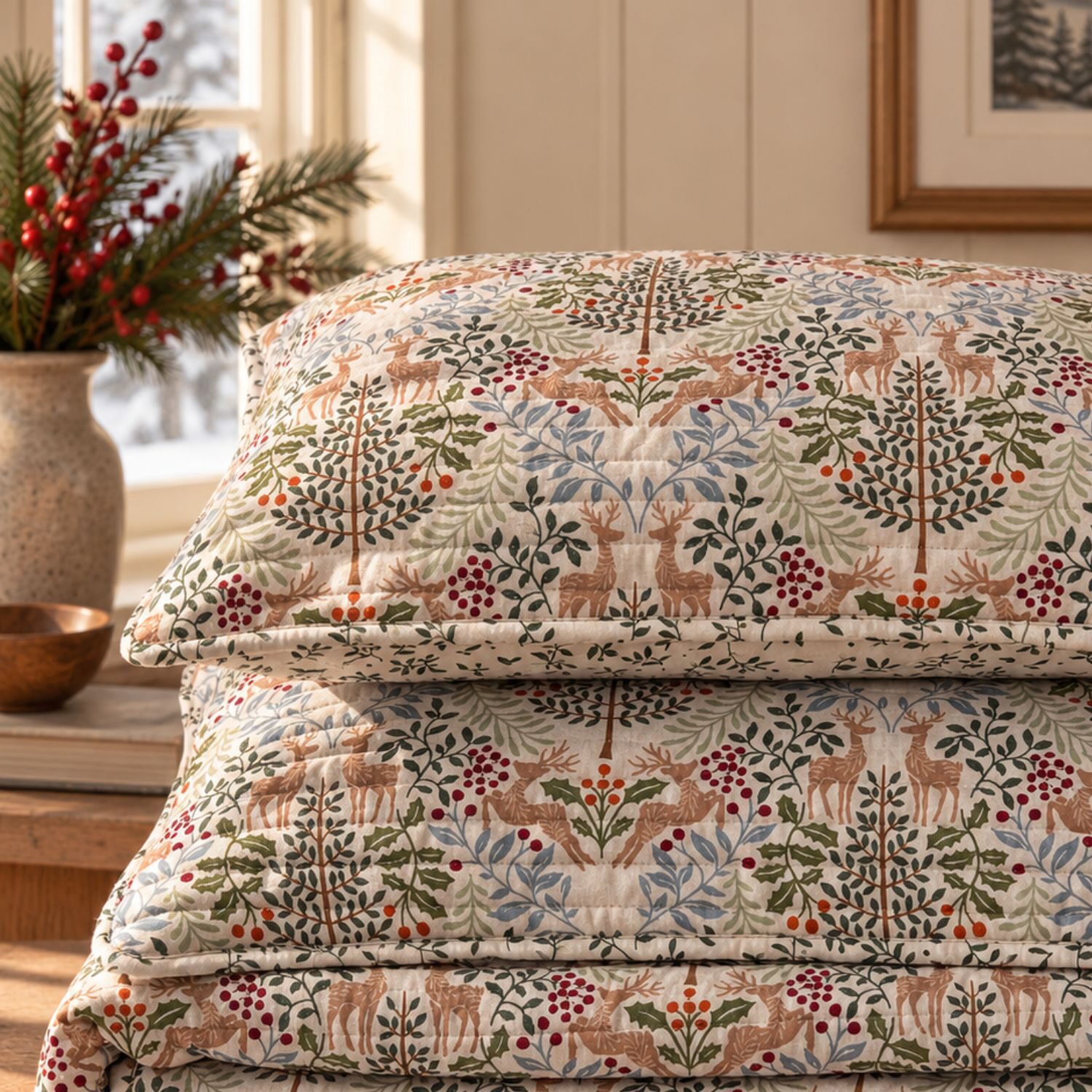 Linery Woodland Deer Holiday Reversible Quilt Set