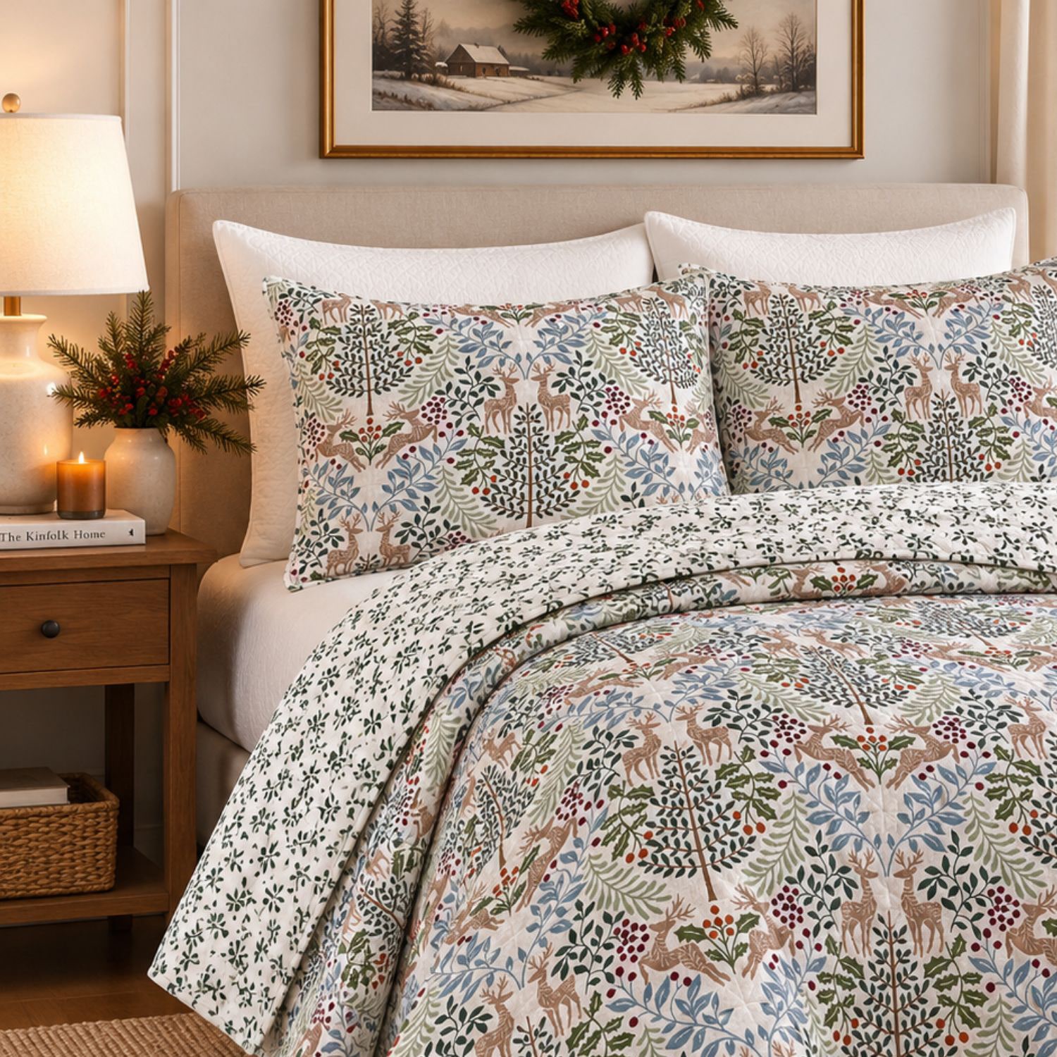 Linery Woodland Deer Holiday Reversible Quilt Set