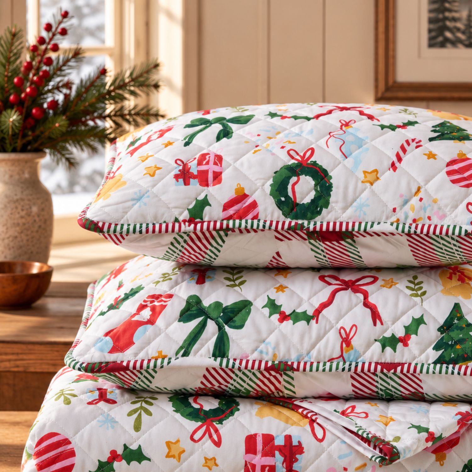 Linery Cheerful Holiday Quilt Set