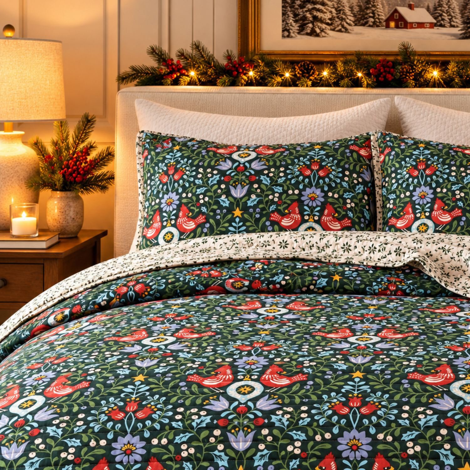 Linery Holiday Printed Microfiber Reversible Quilt Set