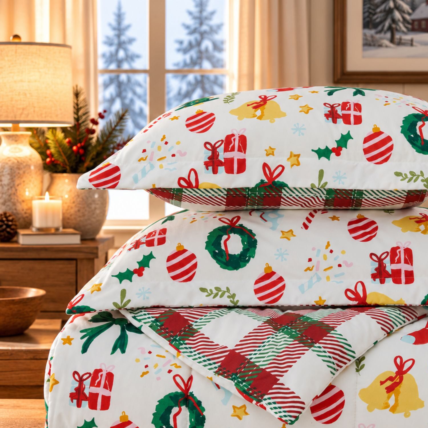 Linery Reversible Down Alternative Christmas Sham Set And Comforter