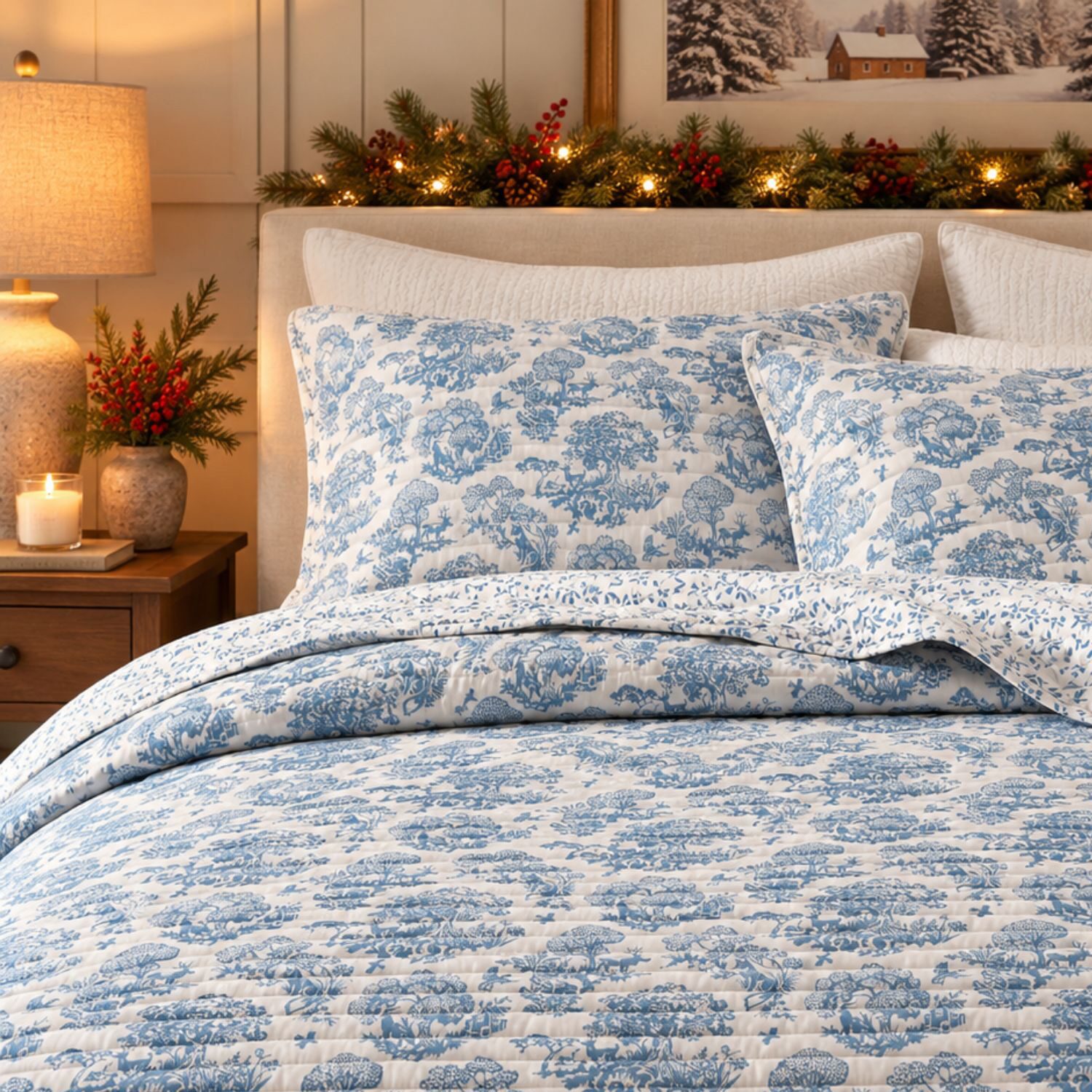 Linery Woodland Toile Holiday Reversible Quilt Set