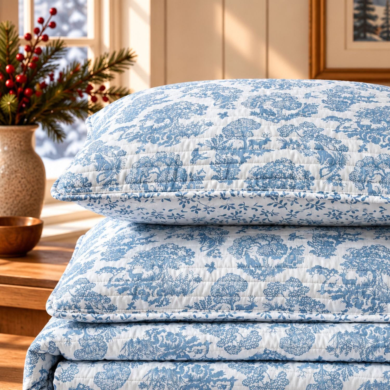 Linery Woodland Toile Holiday Reversible Quilt Set