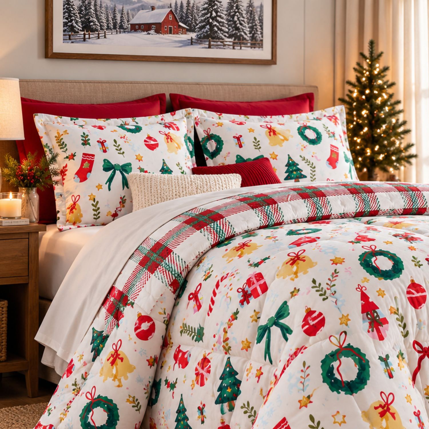 Linery Reversible Down Alternative Christmas Sham Set And Comforter