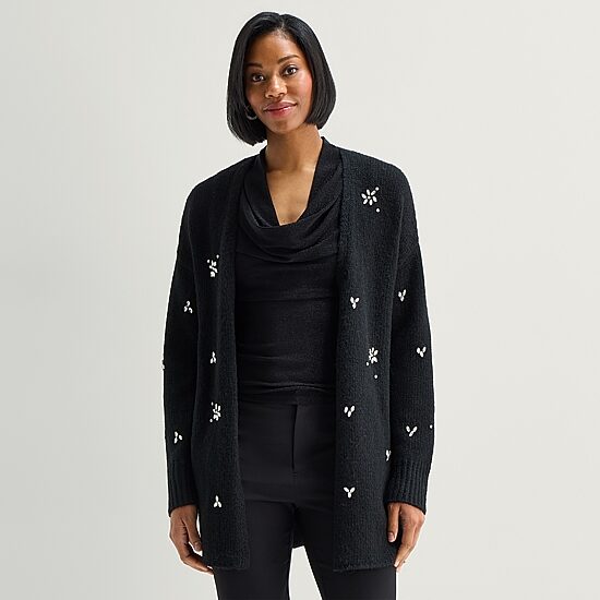 Worthington Womens V Neck Long Sleeve Open Front Cardigan, Color: Black ...