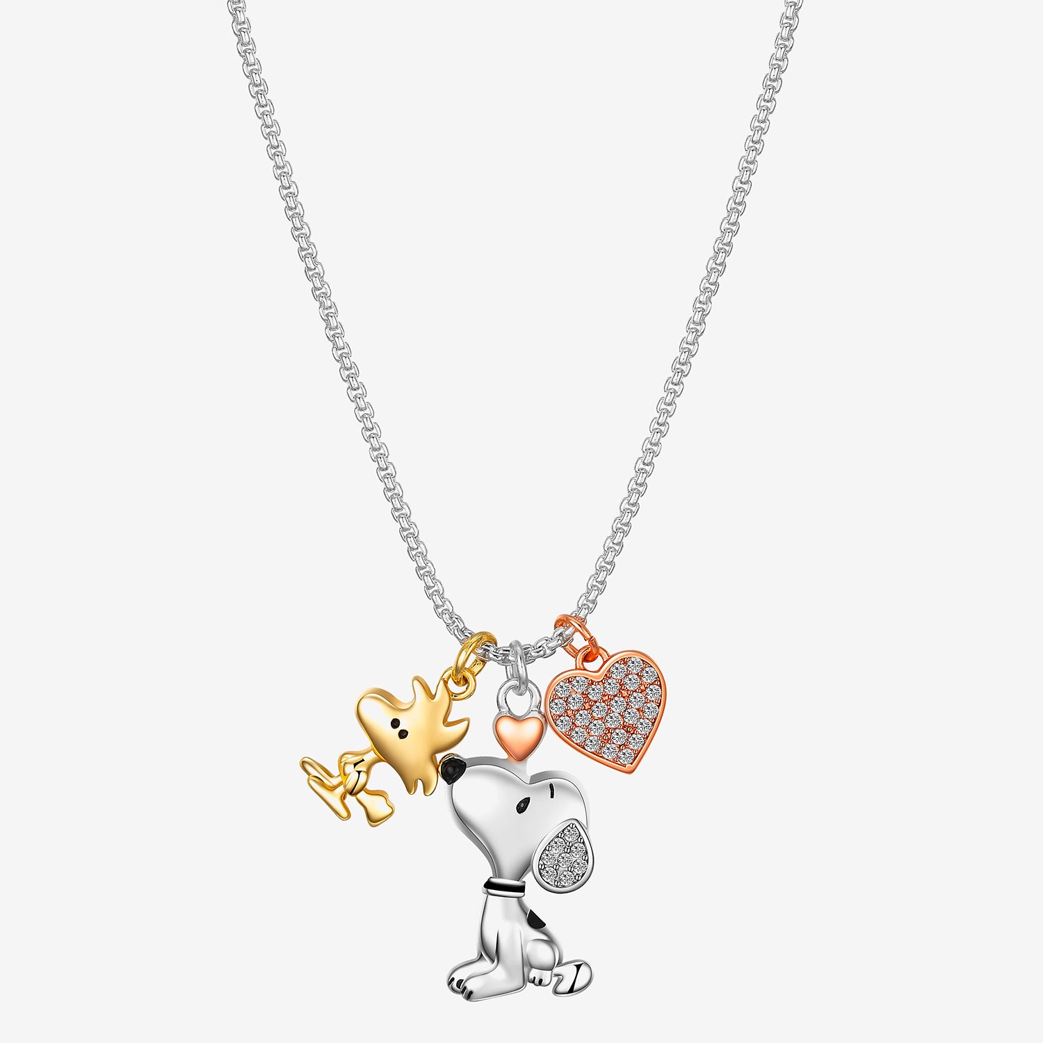 Womens Crystal 10K Gold Over Brass 10K Rose Gold Over Silver Heart Peanuts Snoopy 16 Inch Pendant Necklace