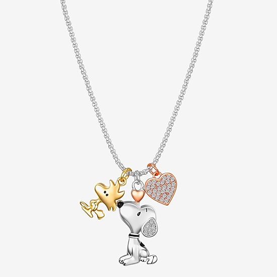 Womens Crystal 10K Gold Over Brass 10K Rose Gold Over Silver Heart Peanuts Snoopy 16 Inch Pendant Necklace