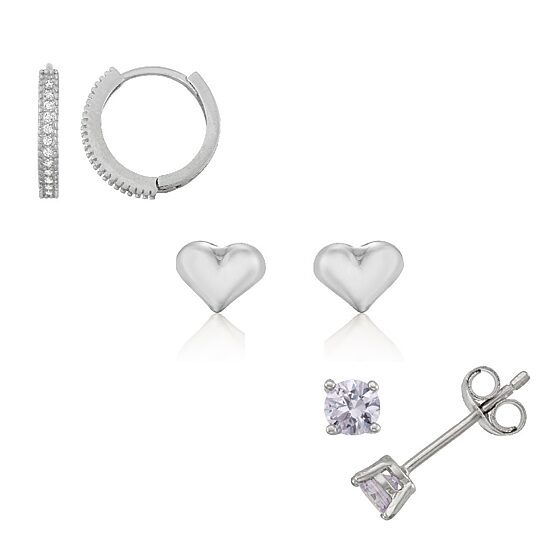 Girls Cubic Zirconia Sterling Silver Heart Earring Set
