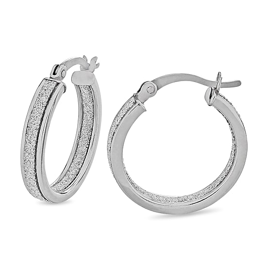 Sterling Silver Rhodium Glitter Hoop Earrings Set