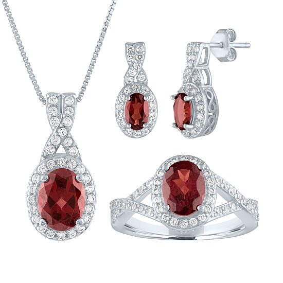 Womens Genuine Red Garnet Sterling Silver 3-pc. Jewelry Set