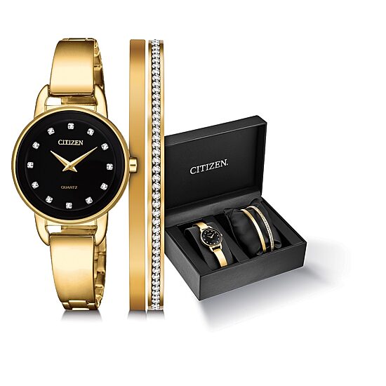 Citizen Womens Gold Tone Stainless Steel Bangle Watch 2 Piece Set