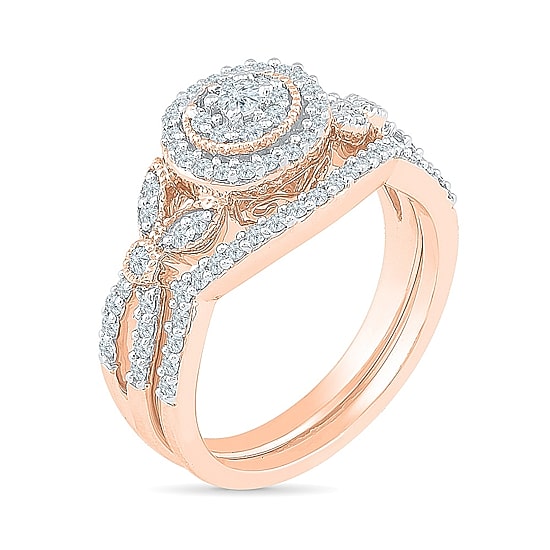 Womens 1/2 CT. T.W. Natural White Diamond 10K Gold Round Side Stone Halo Bridal Set