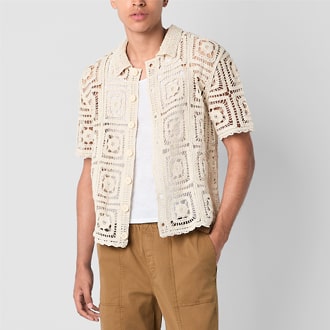 Mens Short Sleeve Button-Down Crochet Shirt