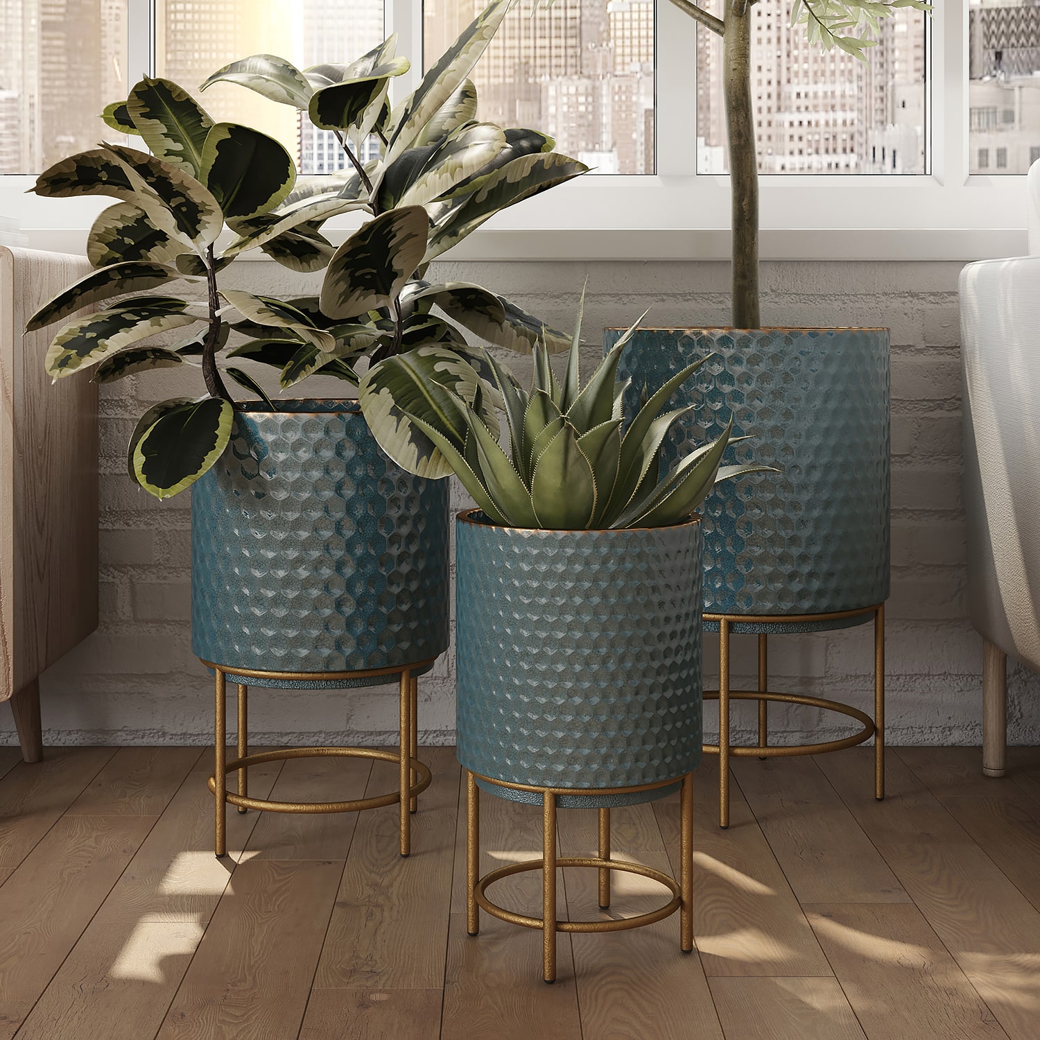 Metal Glazed Teal 3-Piece Planter Set
